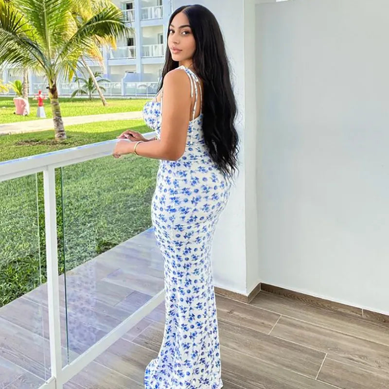 Florencia™ – Robe Longue Fleuri à Bretelles & Dos Lacé