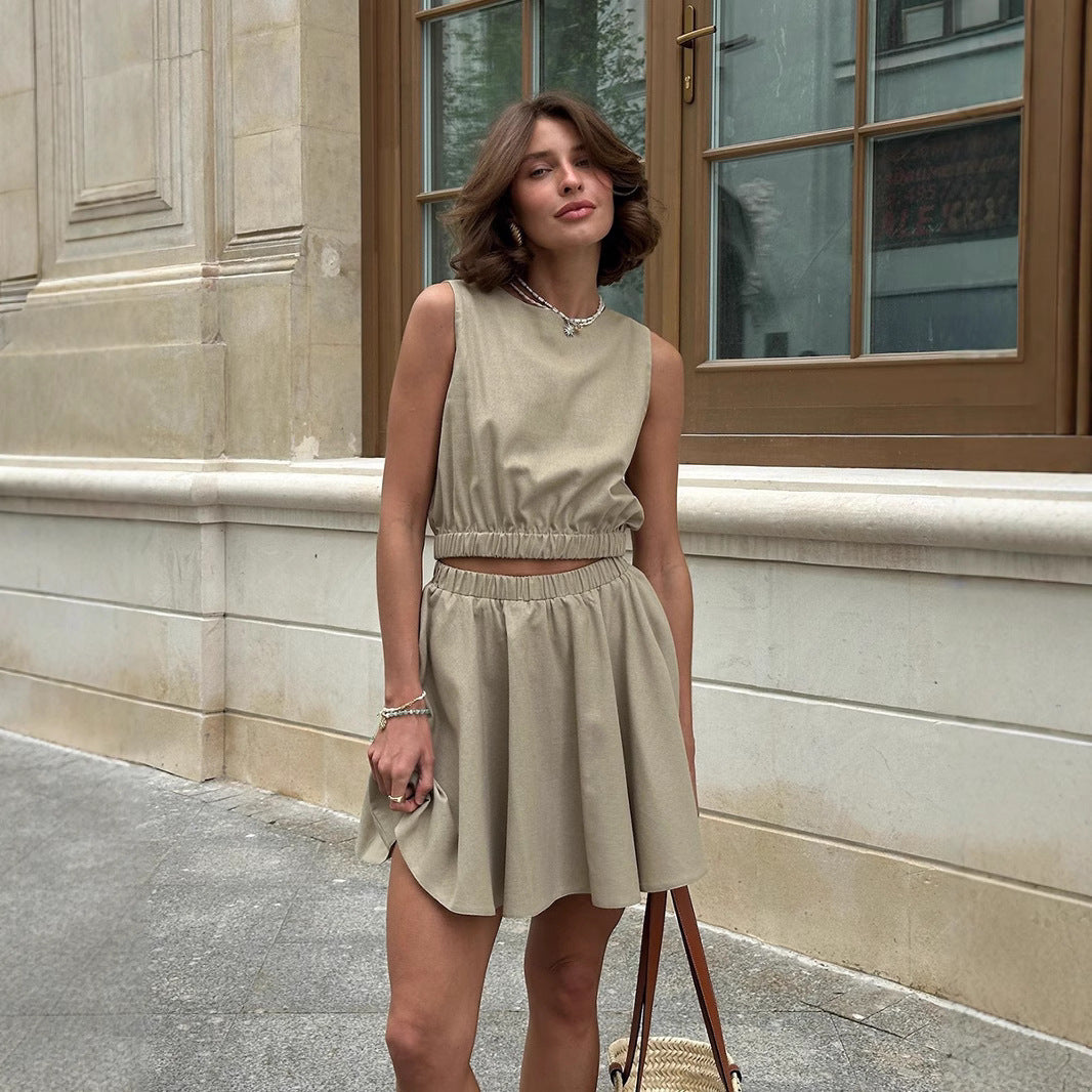 Liora™ – Ensemble Casual Jupe Courte & Haut en Coton‑Lin
