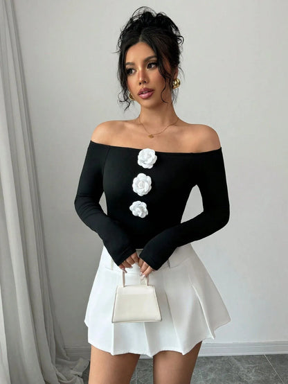 Floralia™ – Top 3D Floral Off‑Shoulder à Manches Longues