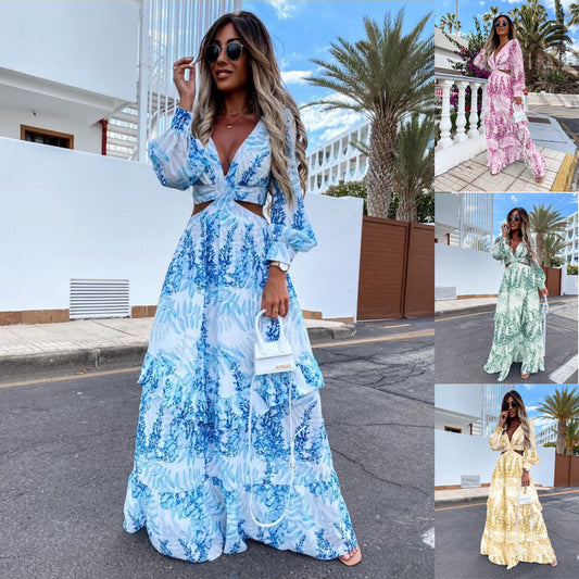 Solenya™ – Robe Longue à Motifs Feuillus & Col V