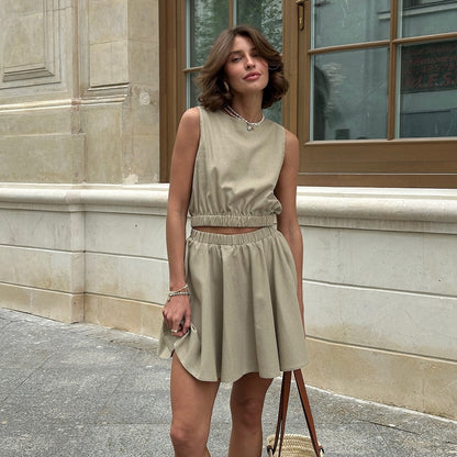 Liora™ – Ensemble Casual Jupe Courte & Haut en Coton‑Lin
