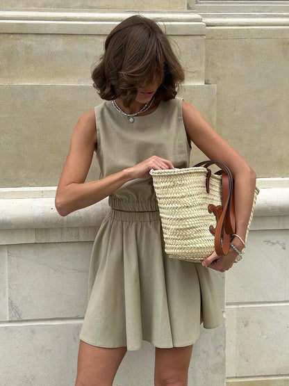 Liora™ – Ensemble Casual Jupe Courte & Haut en Coton‑Lin