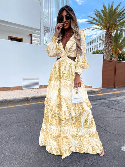 Solenya™ – Robe Longue à Motifs Feuillus & Col V