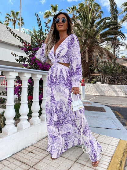 Solenya™ – Robe Longue à Motifs Feuillus & Col V