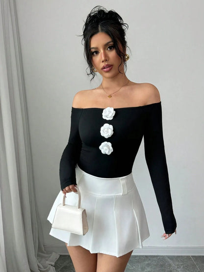 Floralia™ – Top 3D Floral Off‑Shoulder à Manches Longues