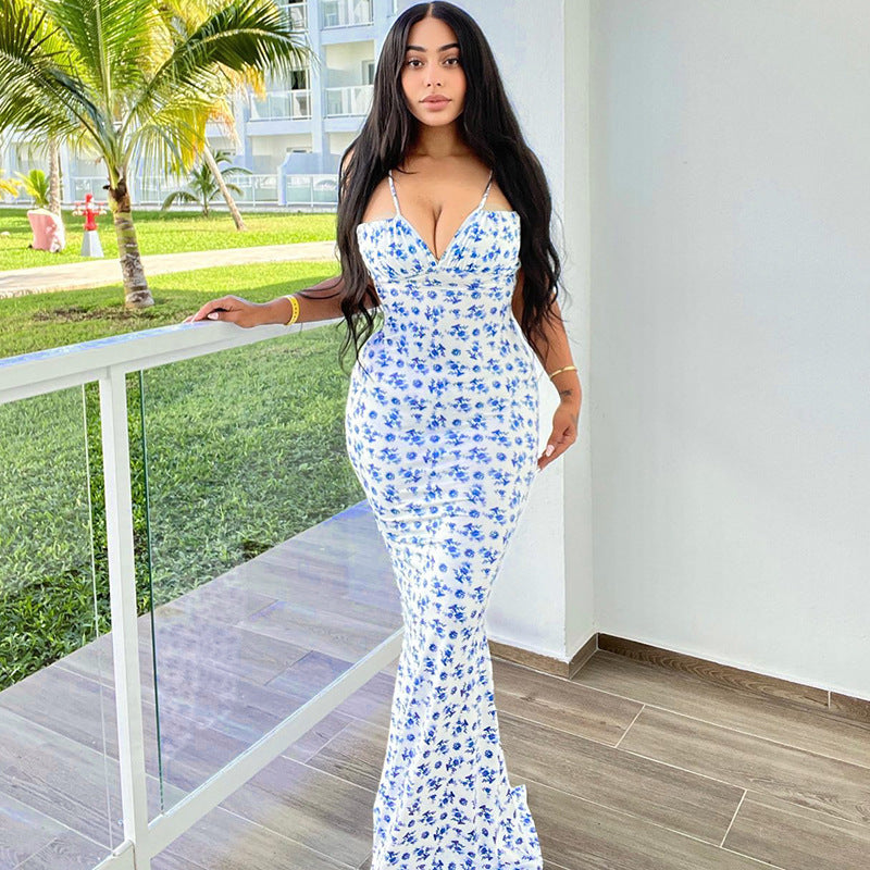 Florencia™ – Robe Longue Fleuri à Bretelles & Dos Lacé