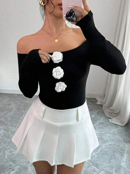 Floralia™ – Top 3D Floral Off‑Shoulder à Manches Longues