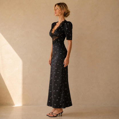 Robe Clara™ - Robe Longue Satinée Col V avec Patchwork Dentelle